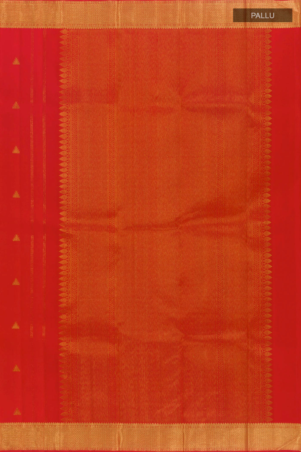 Close up image of the pallu of Red Kanjivaram Silk Saree with Zari Butta on the body and Zari Border. 