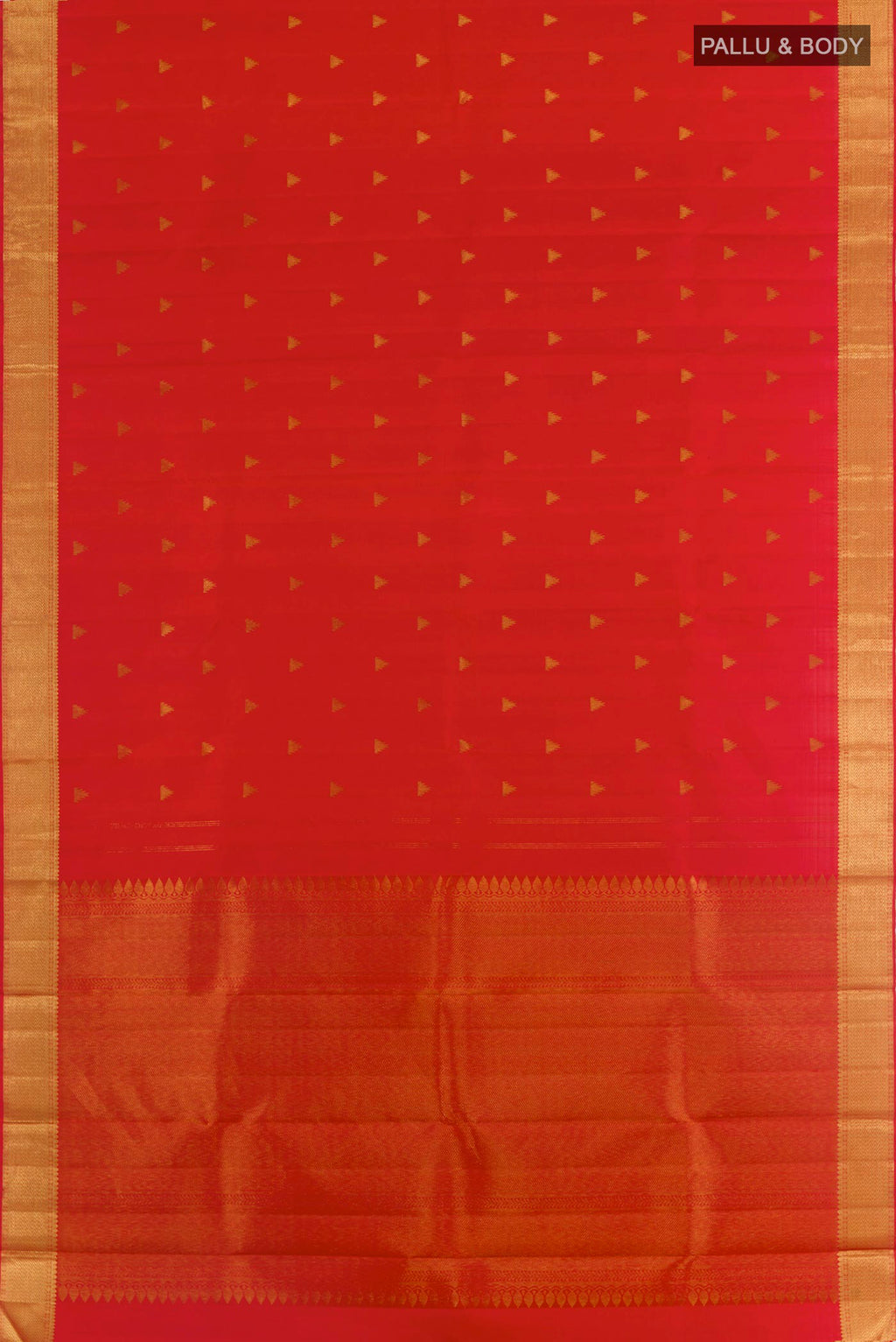 Flat view of Red Kanjivaram Silk Saree with Zari Butta on the body and Zari Border. 