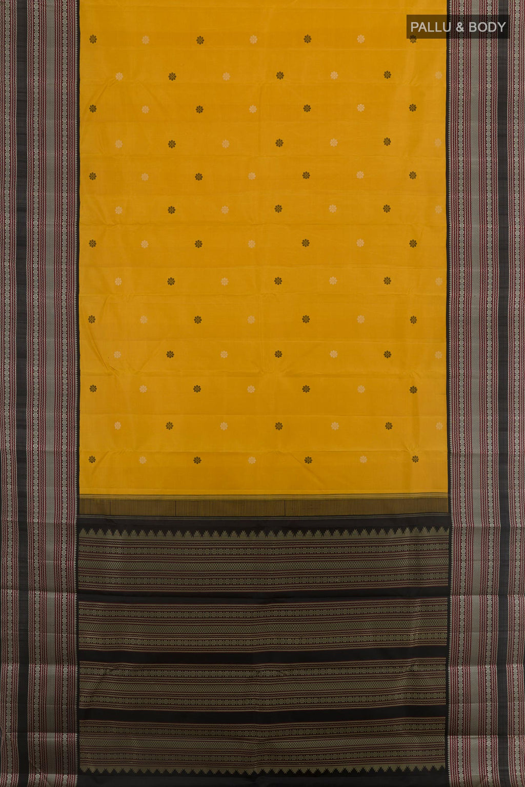 Flat view of Yellow Kanjivaram Silk Saree with Thread Butta on the body and Thread Embroidery Border. 