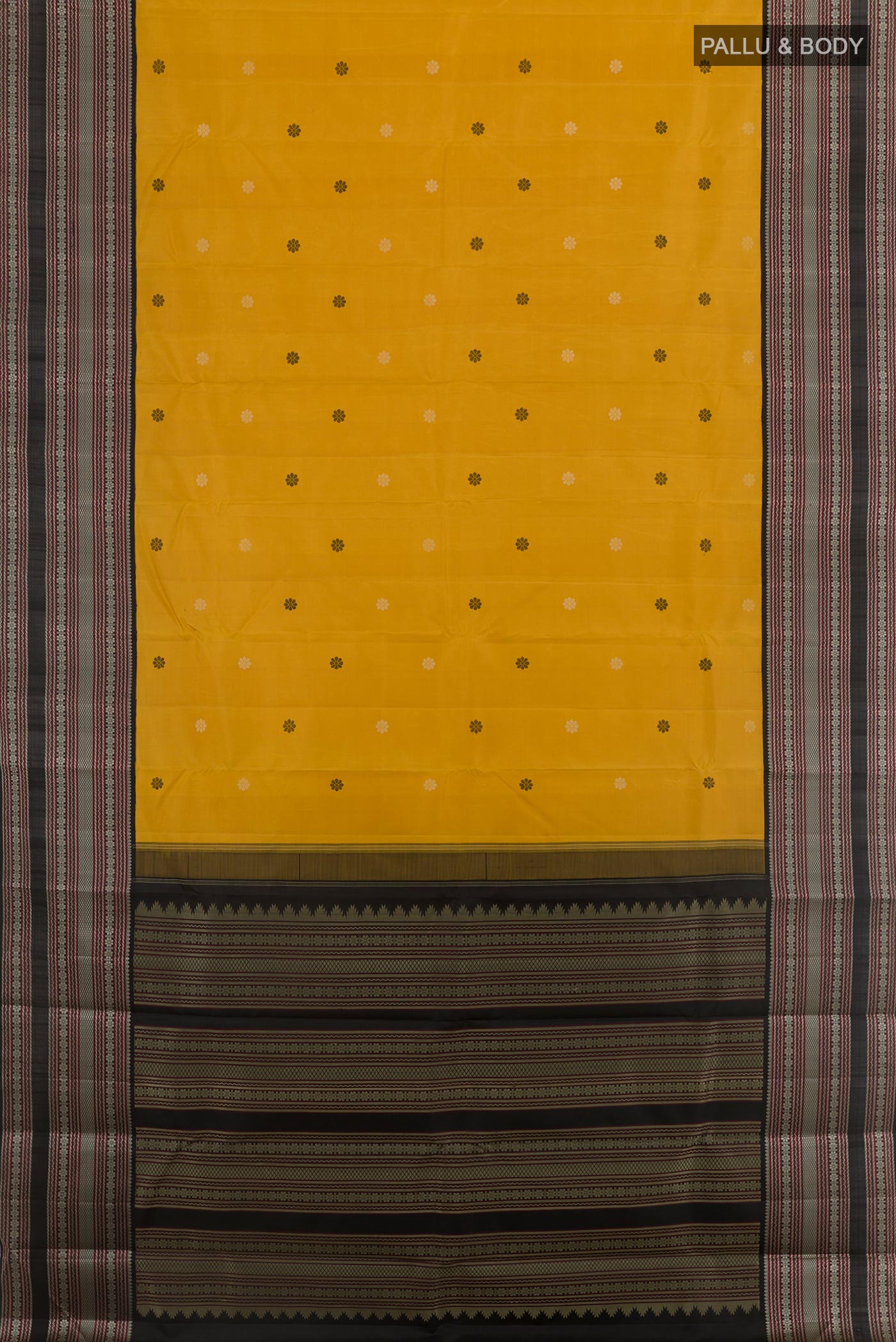 Flat view of Yellow Kanjivaram Silk Saree with Thread Butta on the body and Thread Embroidery Border. 