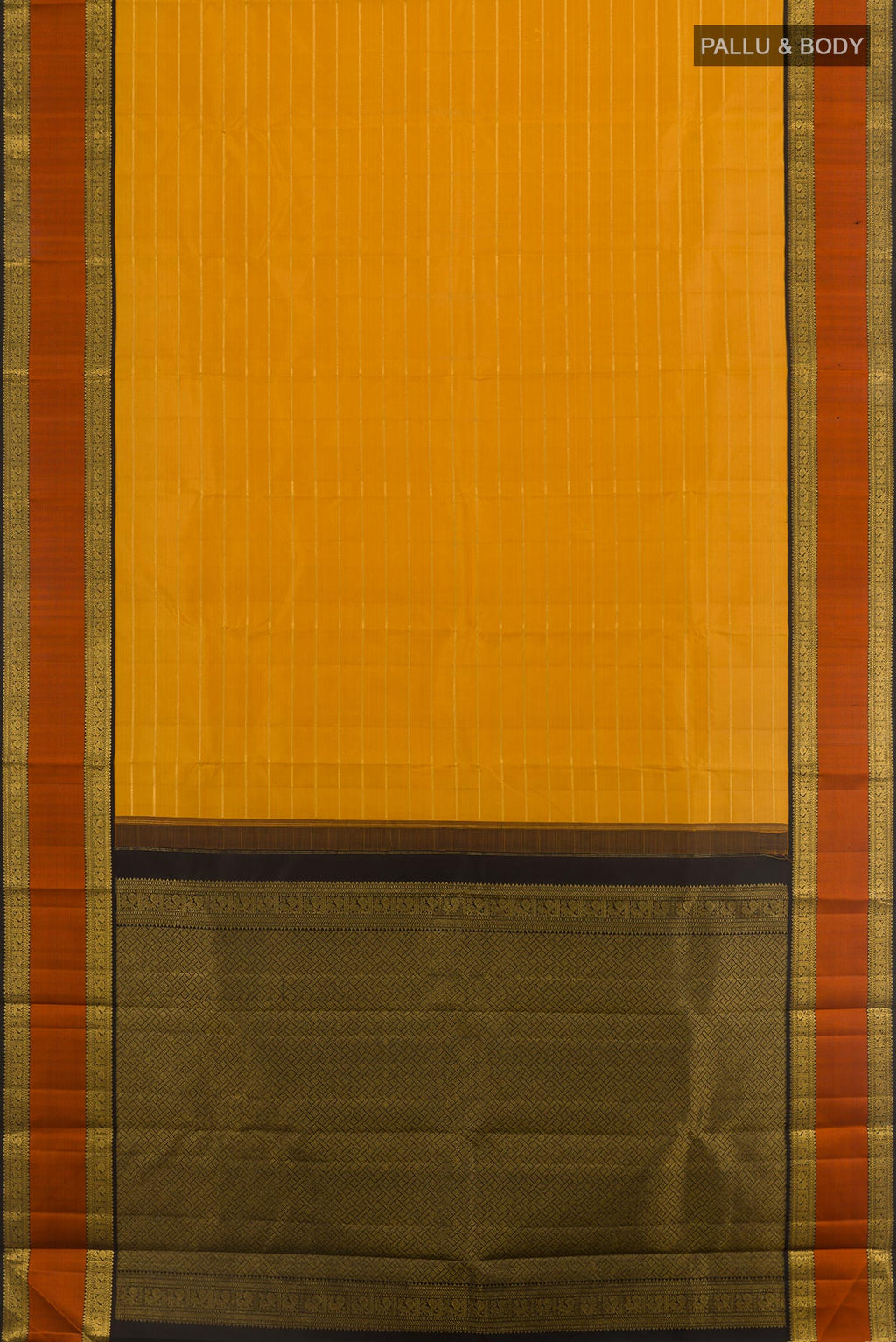 Flat view of Yellow Kanjivaram Silk Saree with Stripes on the body and Zari Border. 
