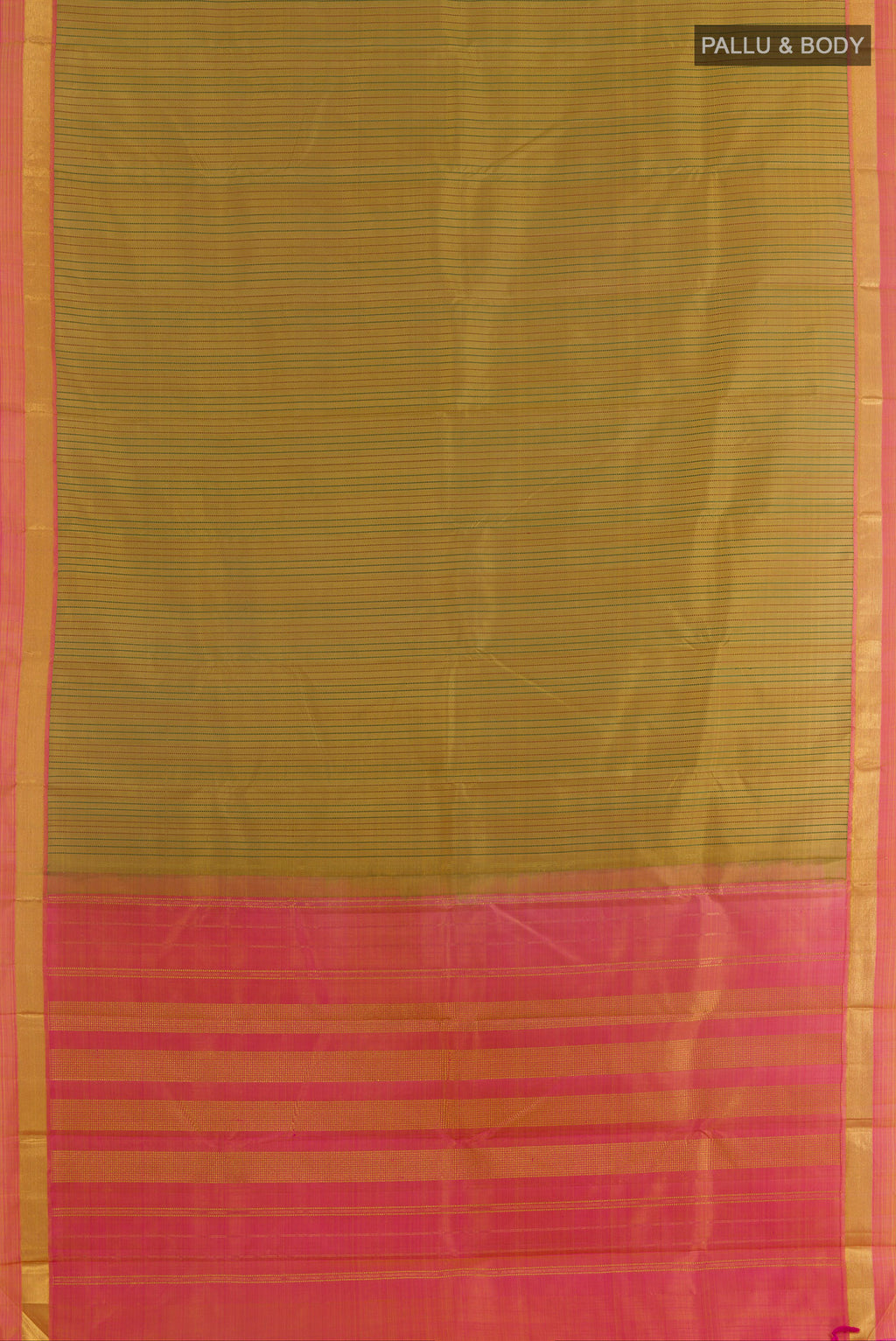 Flat view of Mustard Kanchipuram Silk Saree with Stripes on the body and Zari Border. 