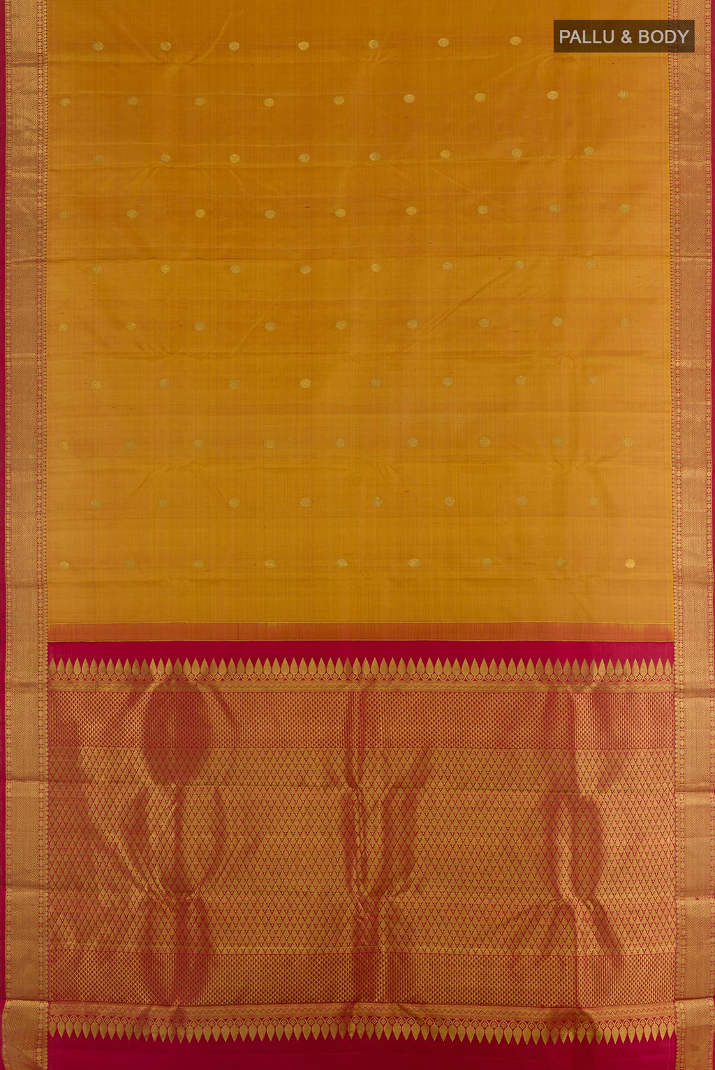 Flat view of Mustard Kanjivaram Silk Saree with Zari Butta on the body and Zari Border. 