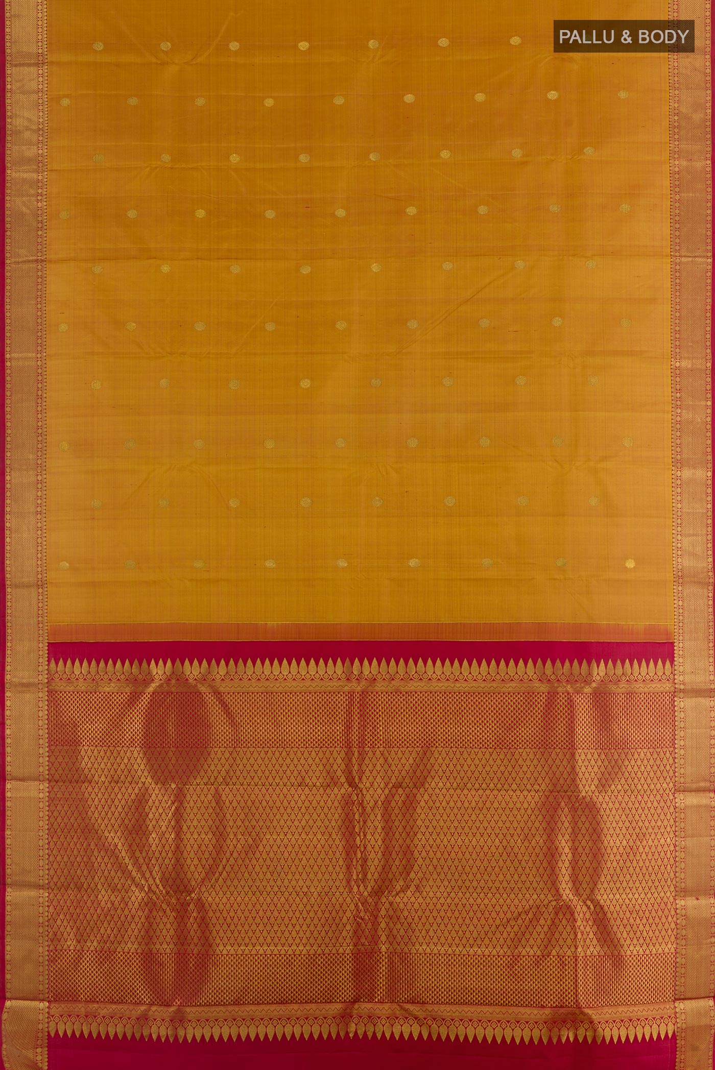 Flat view of Mustard Kanjivaram Silk Saree with Zari Butta on the body and Zari Border. 