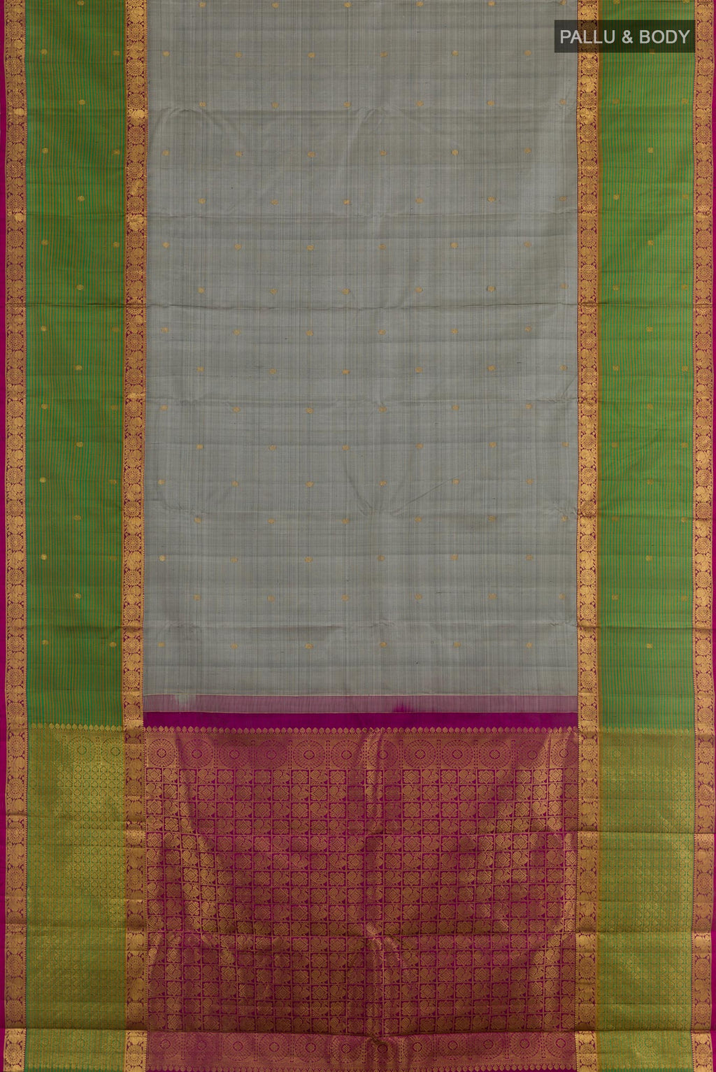 Flat view of Grey Kanjivaram Silk Saree with Zari Butta on the body and Zari Border. 