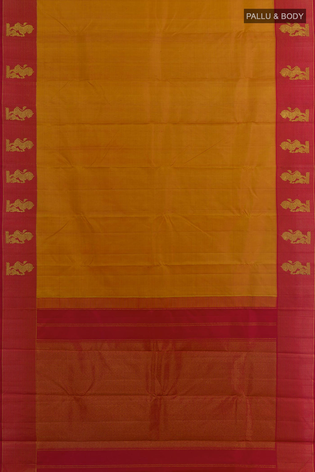 Flat view of Mustard Kanchipuram Silk Saree with Zari Butta on the body and Zari Border. 
