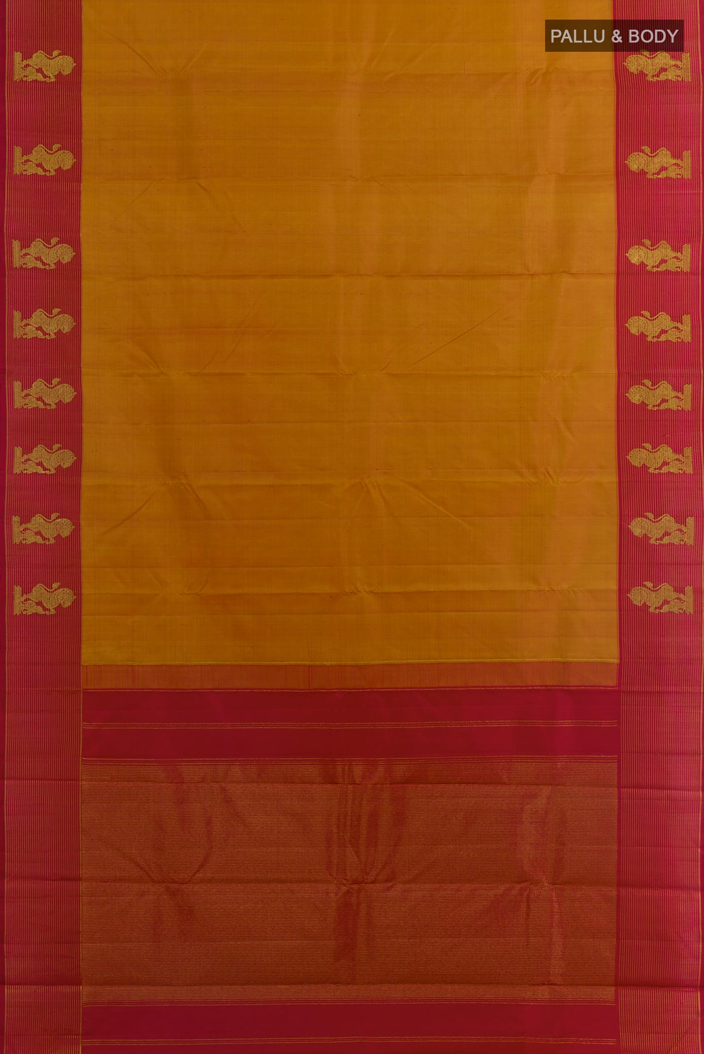 Flat view of Mustard Kanchipuram Silk Saree with Zari Butta on the body and Zari Border. 