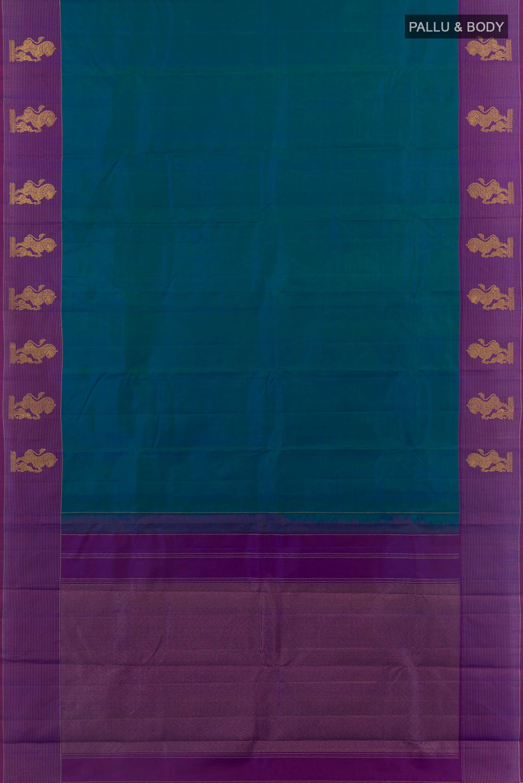 Flat view of Blue Kanchipuram Silk Saree with Plain Body and Zari Border. 