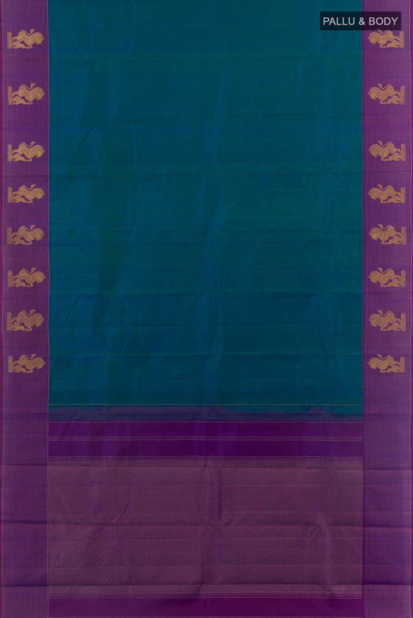 Flat view of Blue Kanchipuram Silk Saree with Plain Body and Zari Border. 
