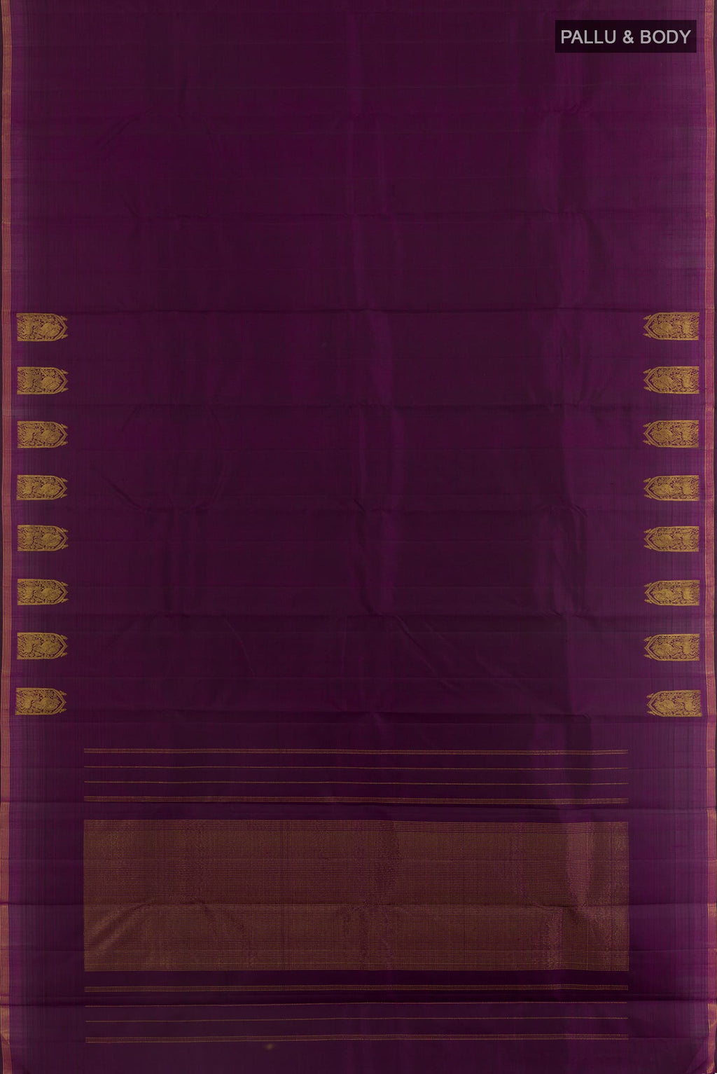 Flat view of Violet Kanchipuram Silk Saree with Plain Body and Zari Border. 