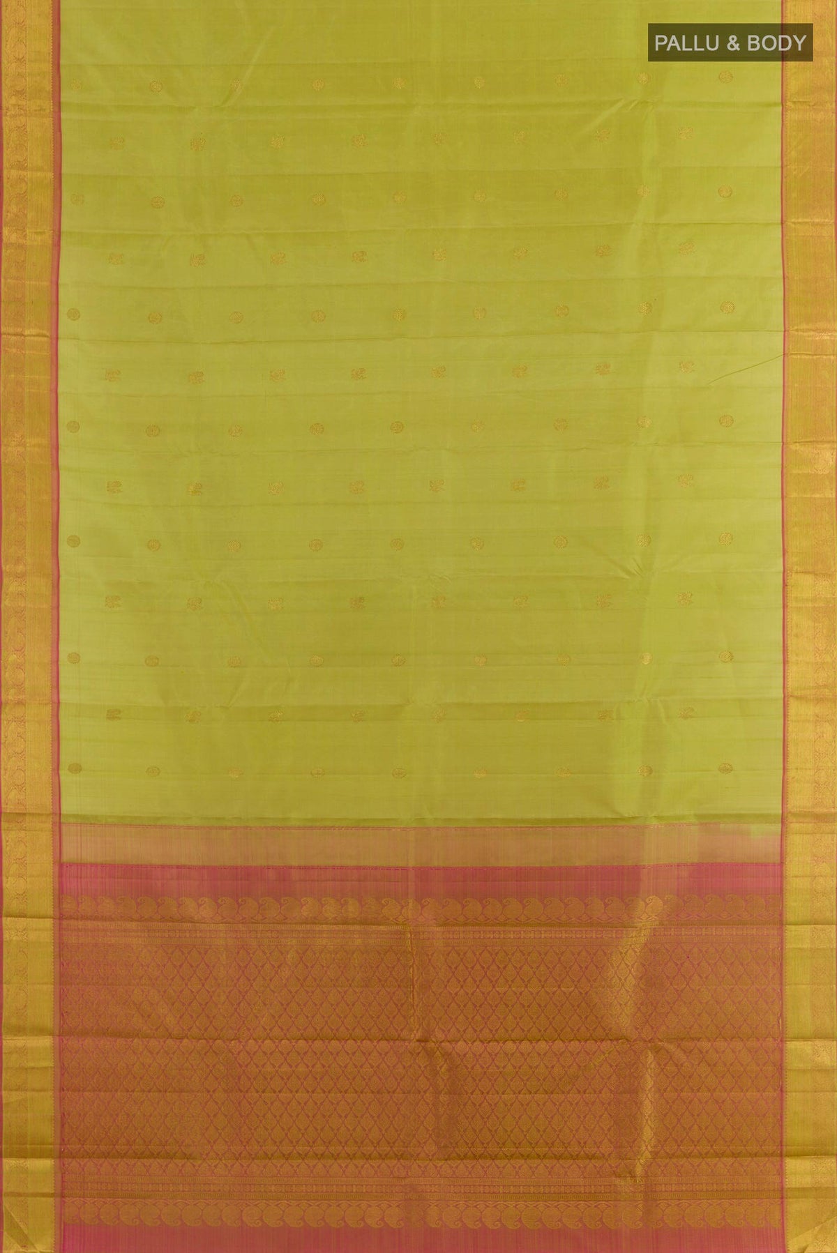 Flat view of Light Green Kanjivaram Silk Saree with Zari Butta on the body and Zari Border. 