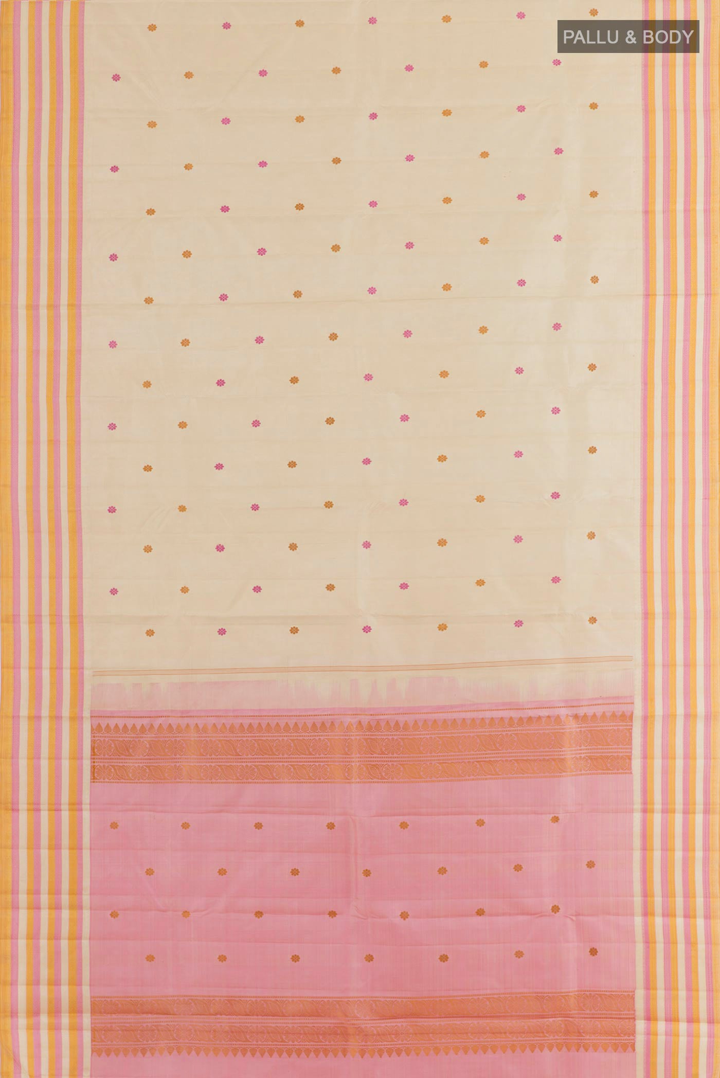 Flat view of Off White Kanjivaram Silk Saree with Thread Butta on the body and Thread Border. 