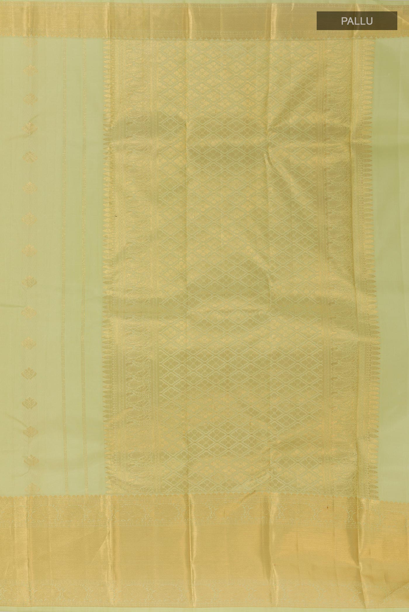 Close up image of the pallu of Light Green Kanjivaram Silk Saree with Jacquard With Zari Butta on the body and Zari Border. 