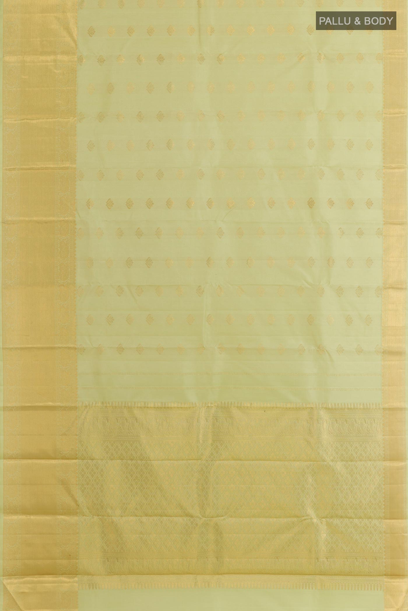 Flat view of Light Green Kanjivaram Silk Saree with Jacquard With Zari Butta on the body and Zari Border. 