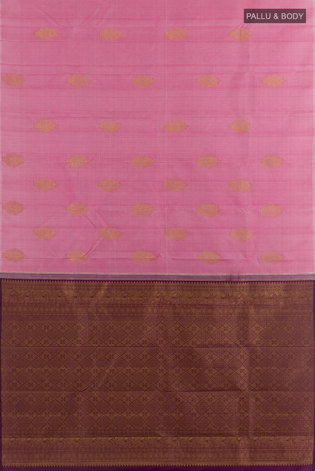 Flat view of Pink Kanchipuram Silk Saree with Zari Butta on the body and Without Border. 