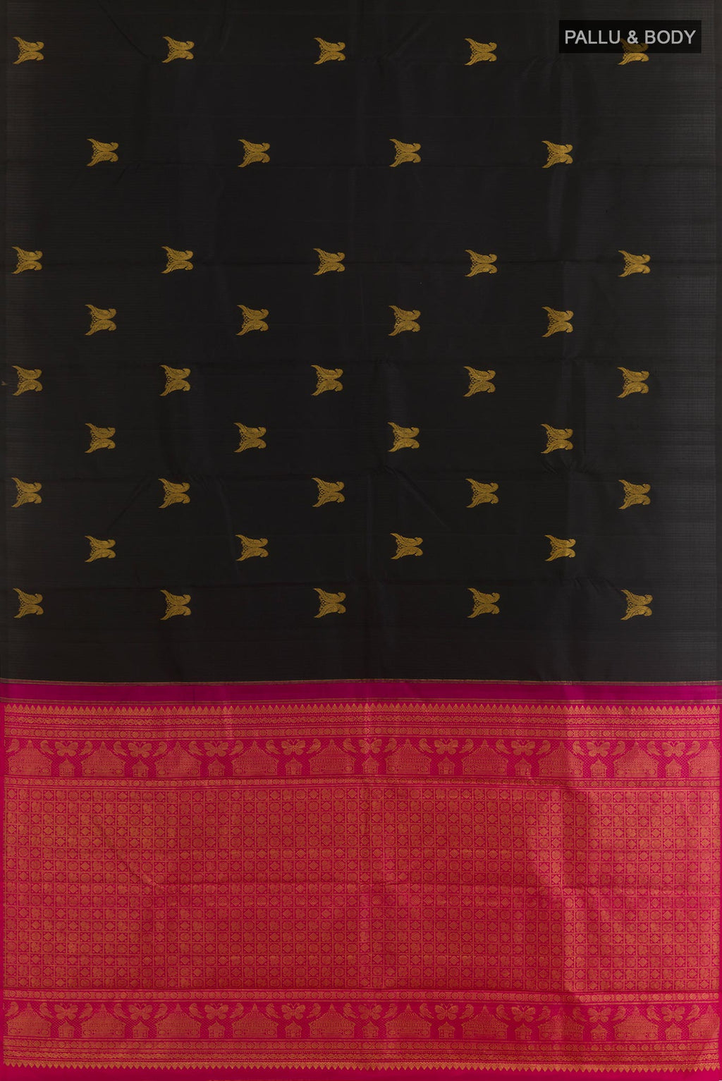 Flat view of Black Kanchipuram Silk Saree with Zari Butta on the body and Without Border. 