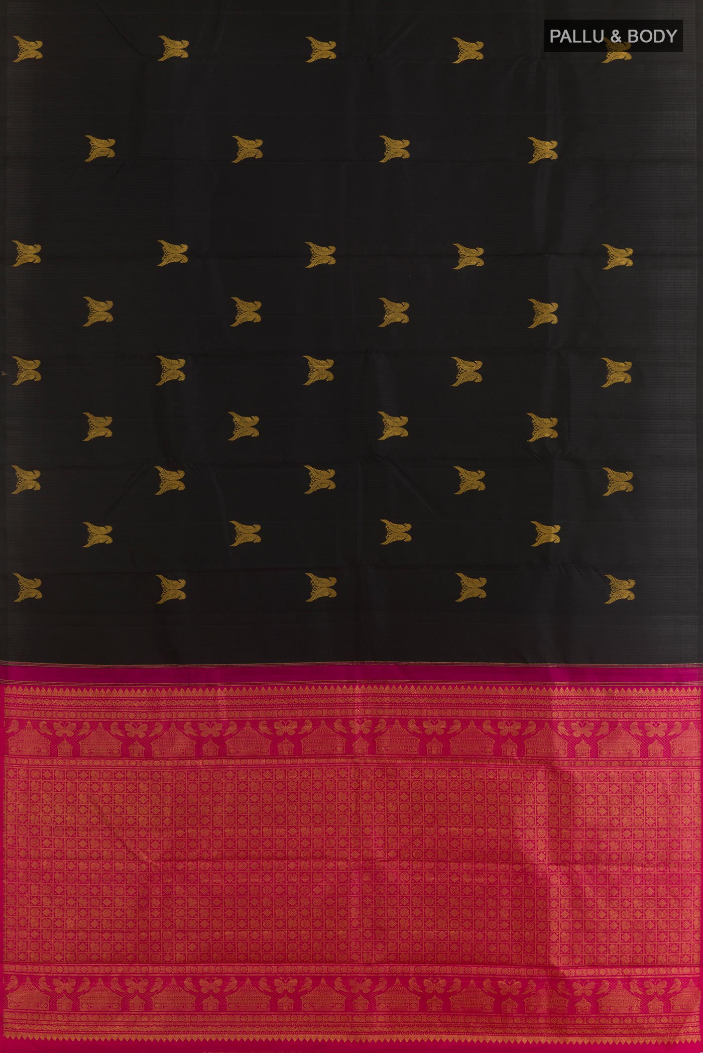 Flat view of Black Kanchipuram Silk Saree with Zari Butta on the body and Without Border. 