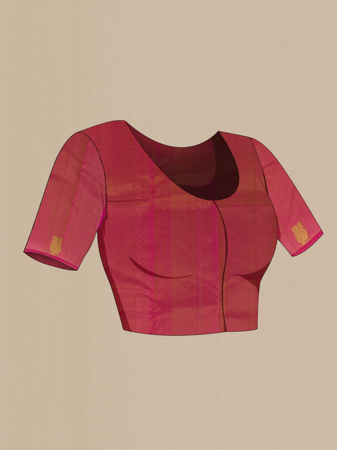 Close up image of the blouse of Beige Kanchipuram Silk Saree with Zari Butta on the body and Zari Border. 