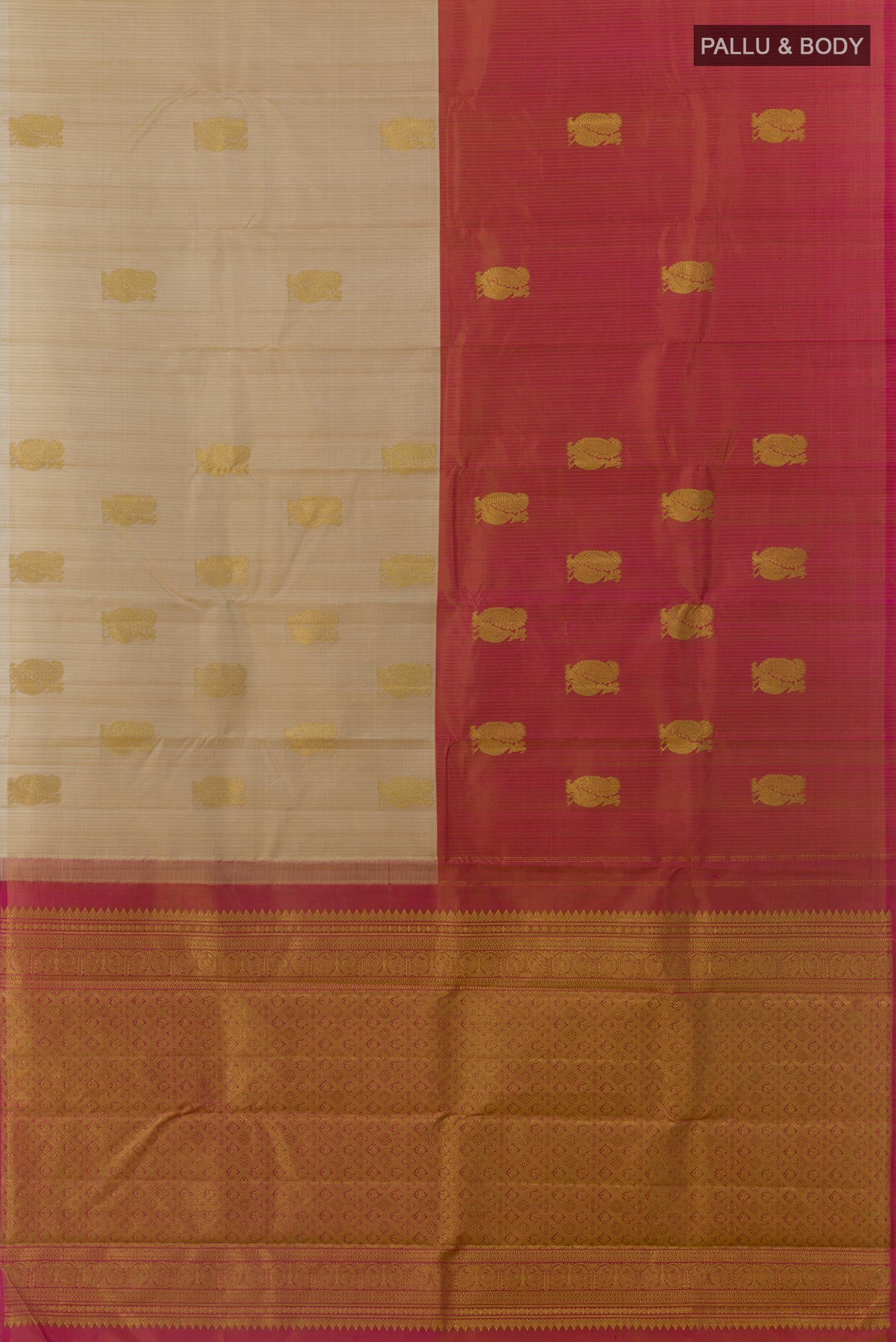 Flat view of Beige Kanchipuram Silk Saree with Zari Butta on the body and Zari Border. 