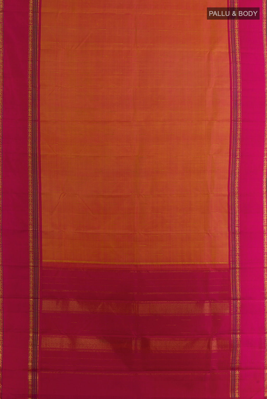 Flat view of Pure Silk Mustard Kanchipuram Saree with Zari Butta on the body and Zari Border. 