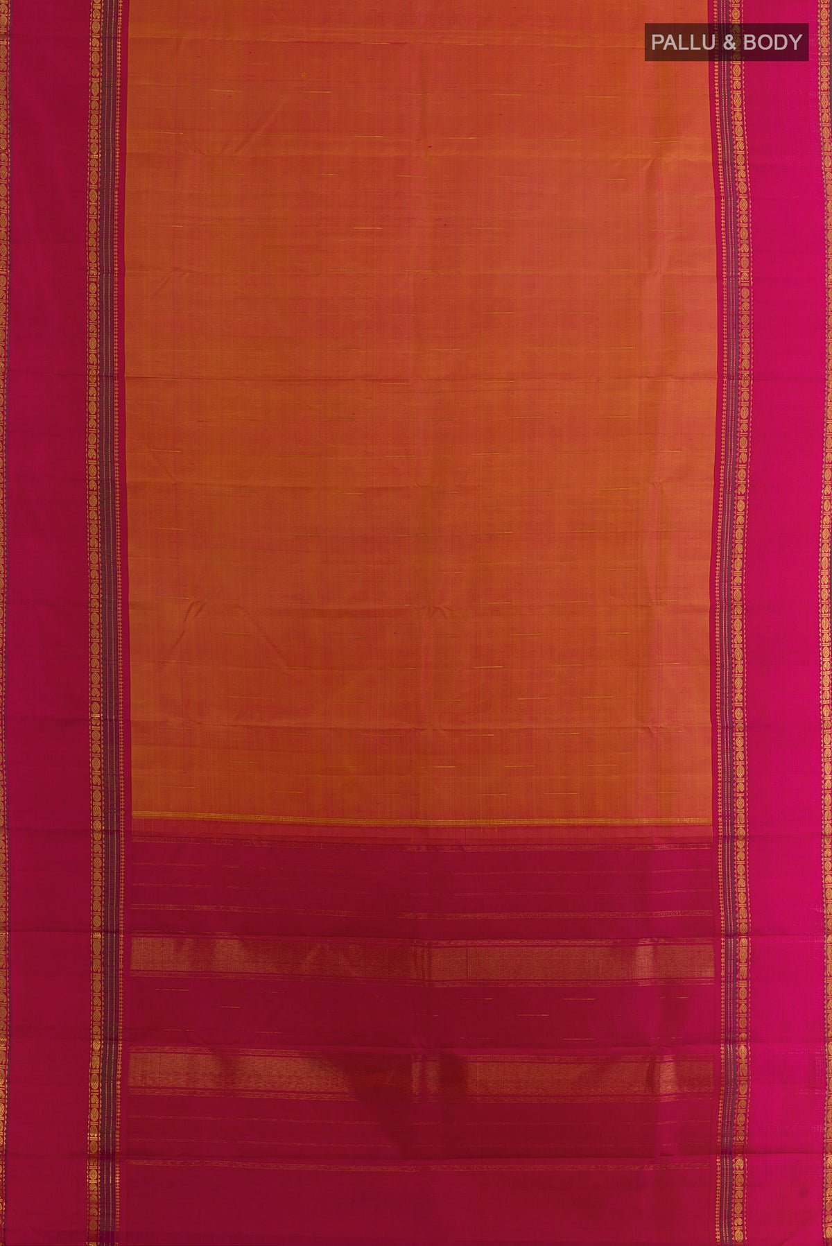 Flat view of Pure Silk Mustard Kanchipuram Saree with Zari Butta on the body and Zari Border. 