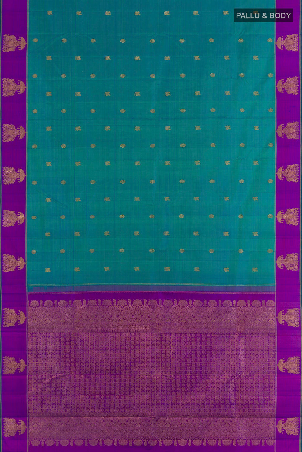 Flat view of Peacock Blue Kanjivaram Silk Saree with Zari Butta on the body and Fancy Border. 
