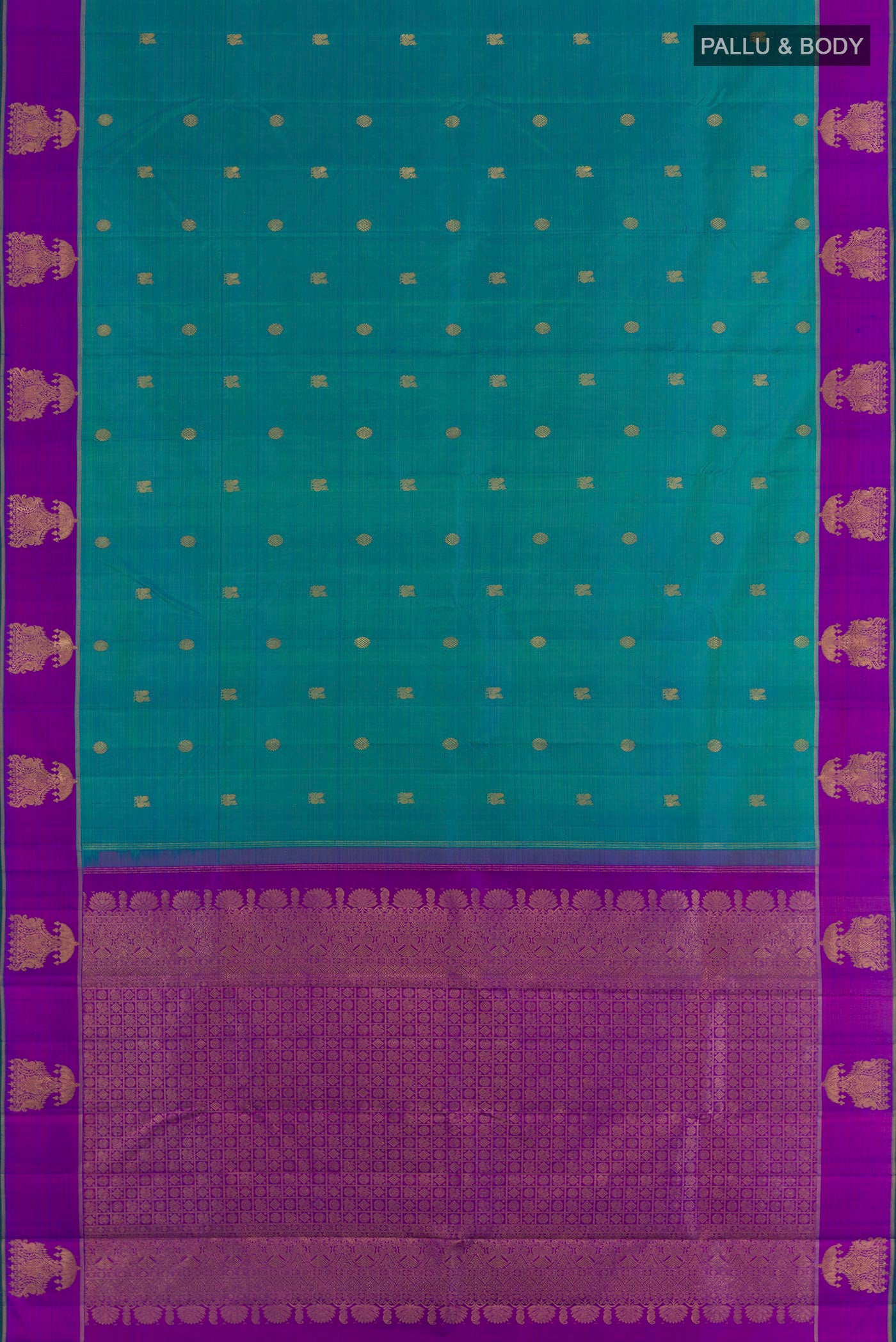 Flat view of Peacock Blue Kanjivaram Silk Saree with Zari Butta on the body and Fancy Border. 