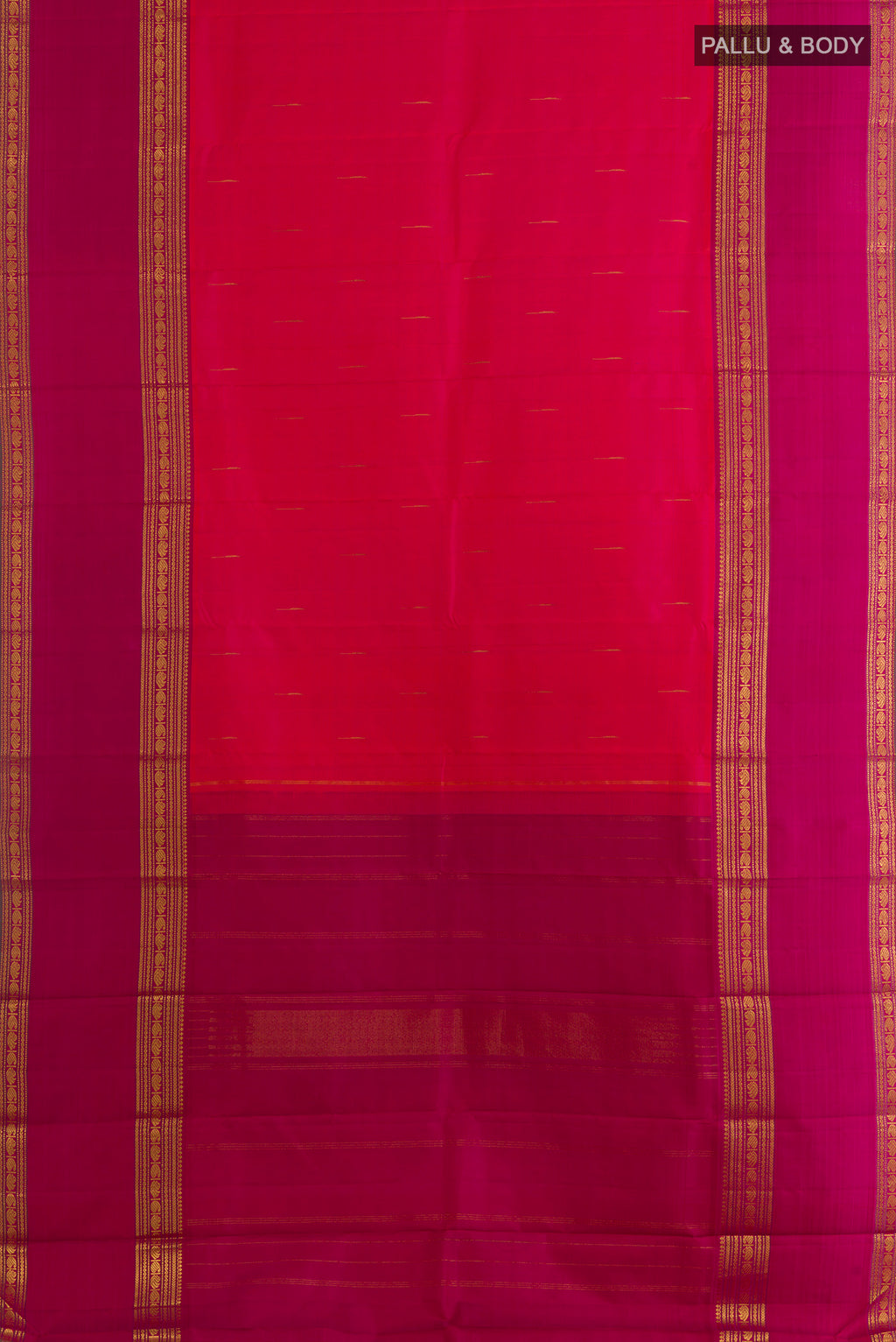 Flat view of Pure Silk Coral Kanjivaram Saree with Zari Butta on the body and Zari Border. 