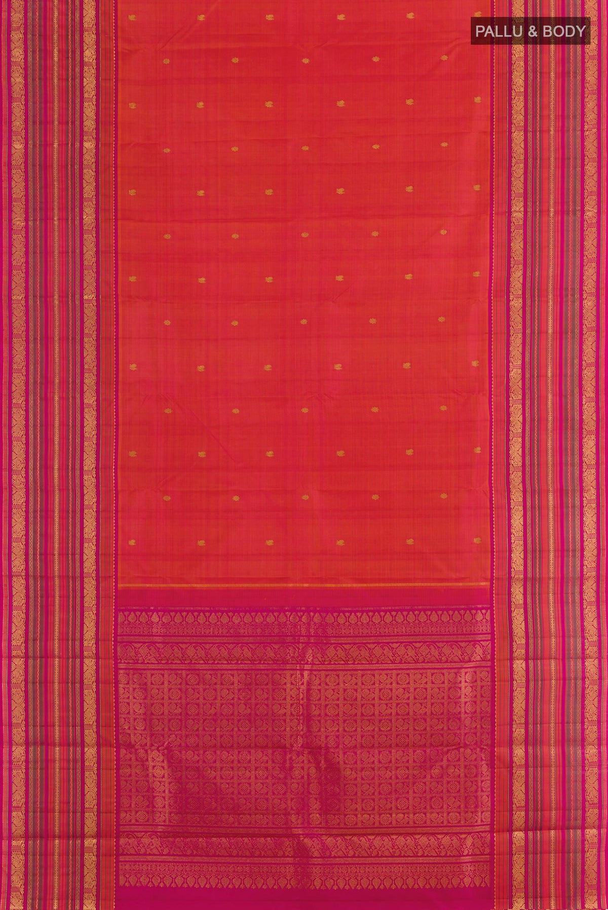 Flat view of Coral Dual Tone Kanjivaram Silk Saree with Zari Butta on the body and Zari Border. 