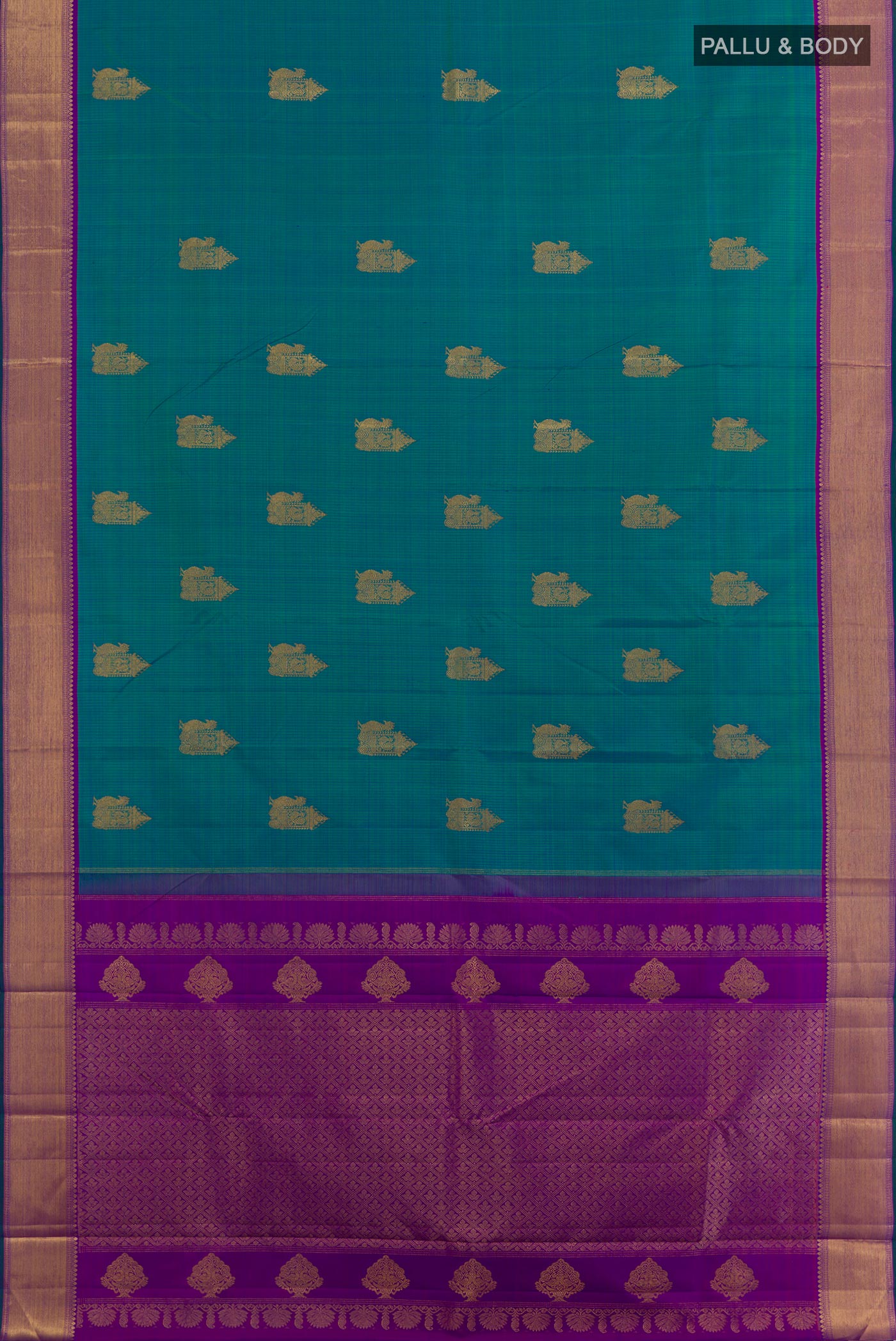 Flat view of Peacock Blue Kanjivaram Silk Saree with Zari Butta on the body and Zari Border. 