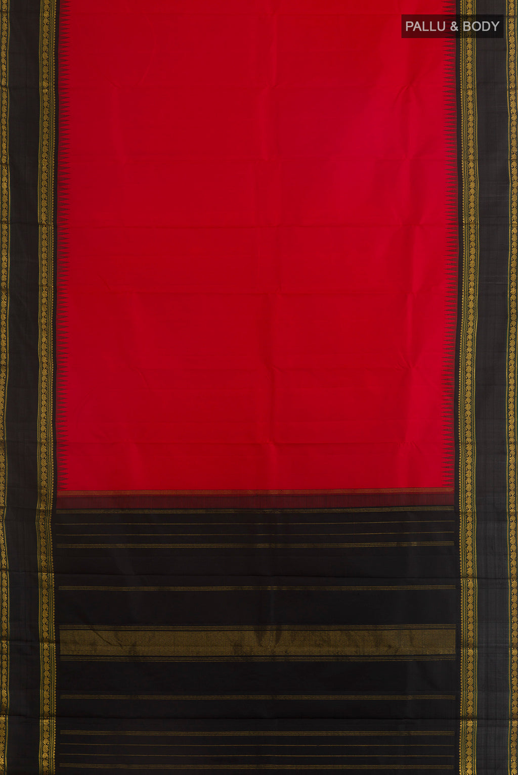 Flat view of Pure Silk Red Kanjivaram Saree with Plain Body and Zari Border. 