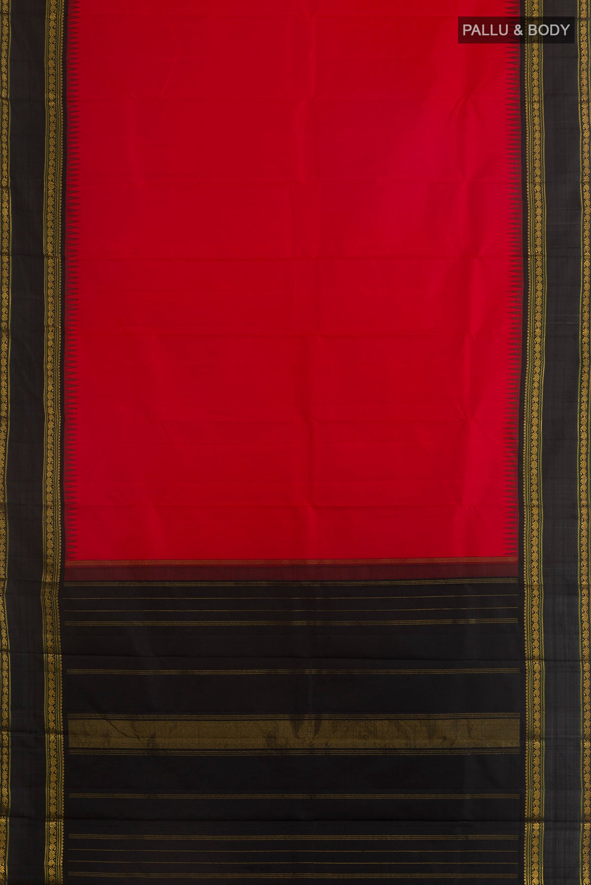 Flat view of Pure Silk Red Kanjivaram Saree with Plain Body and Zari Border. 