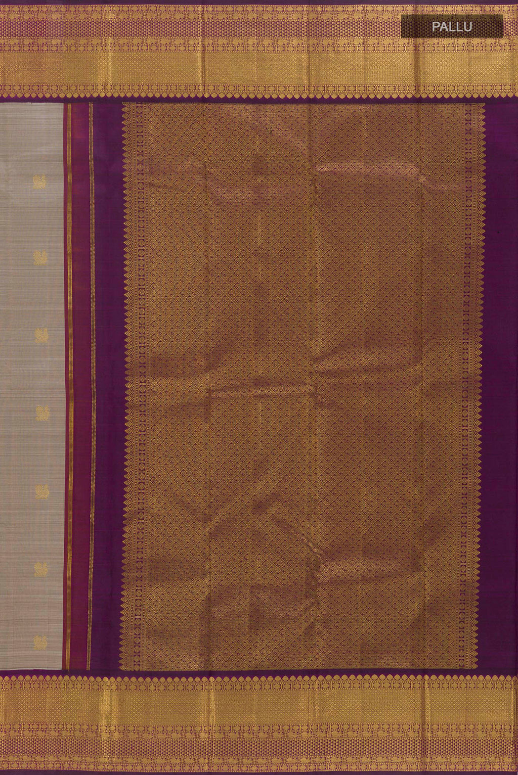 Close up image of the pallu of Grey Kanjivaram Silk Saree with Zari Butta on the body and Zari Border. 