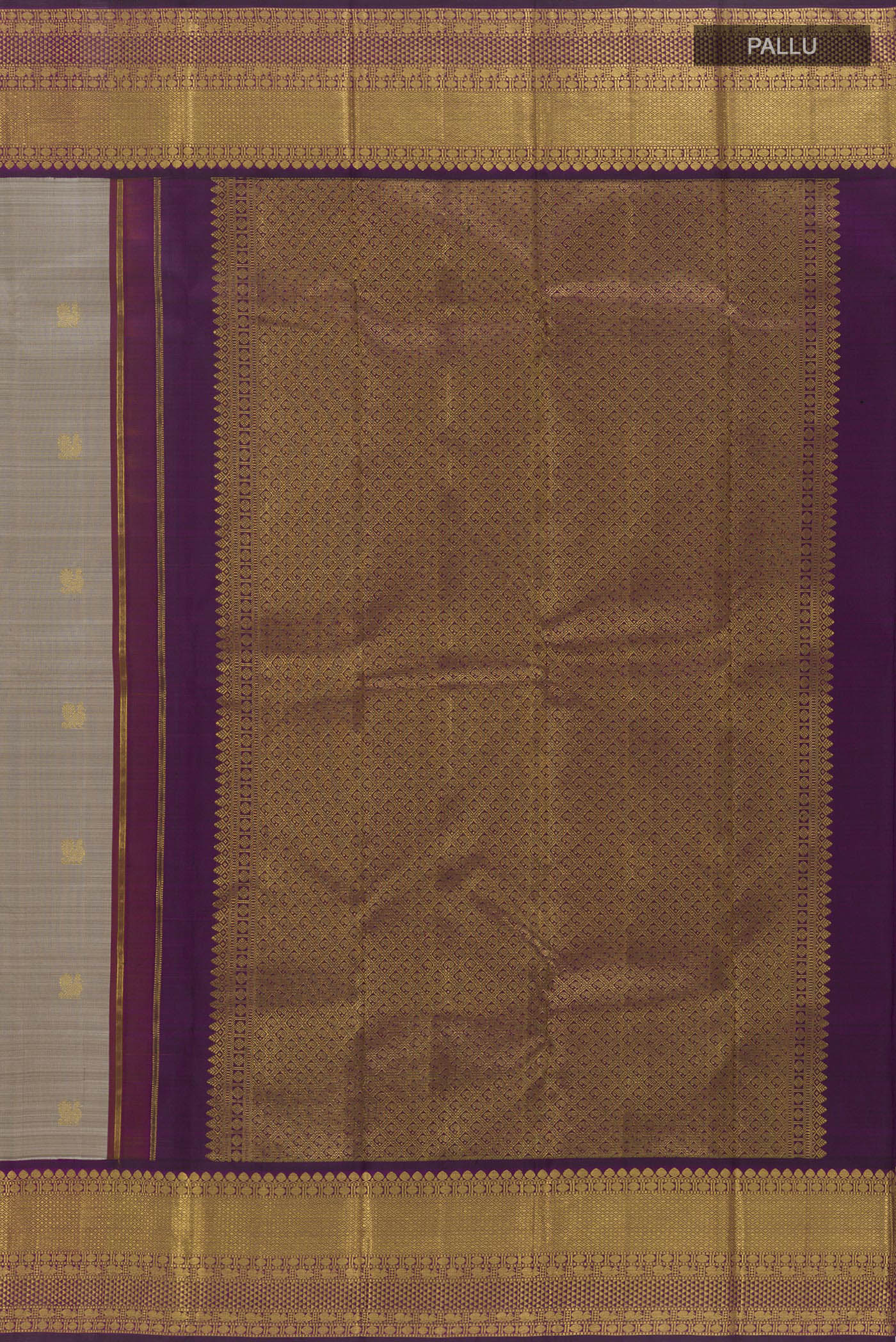 Close up image of the pallu of Grey Kanjivaram Silk Saree with Zari Butta on the body and Zari Border. 