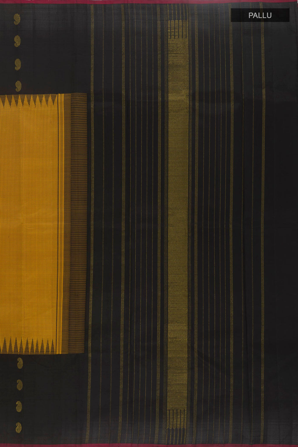 Close up image of the pallu of Yellow Kanjivaram Silk Saree with Checked design on the body and Plain Border. 