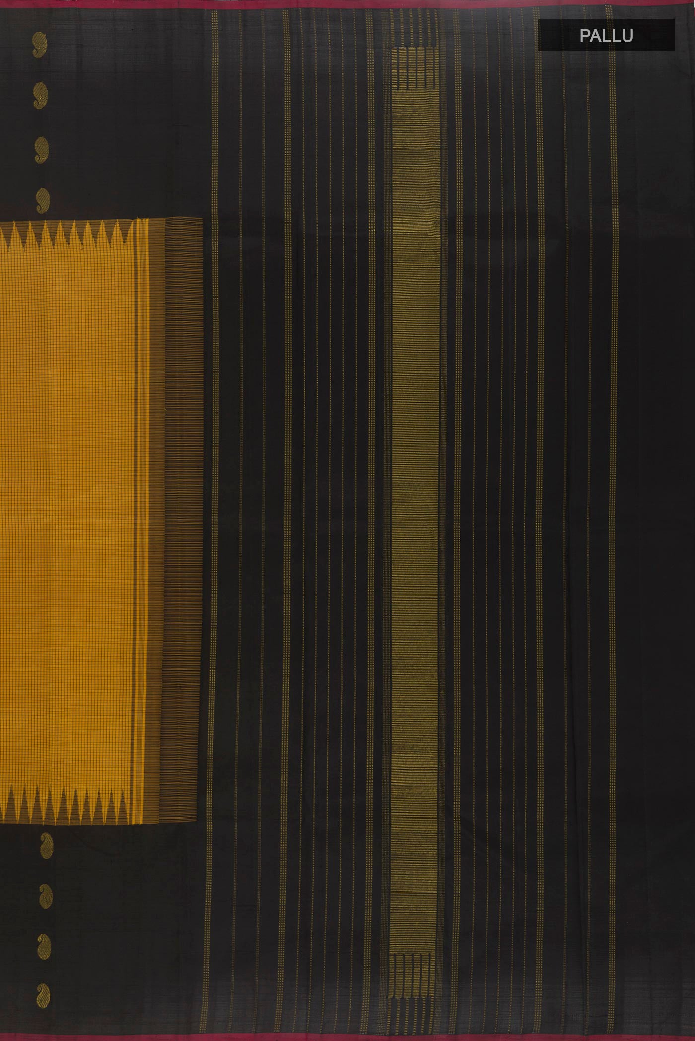 Close up image of the pallu of Yellow Kanjivaram Silk Saree with Checked design on the body and Plain Border. 