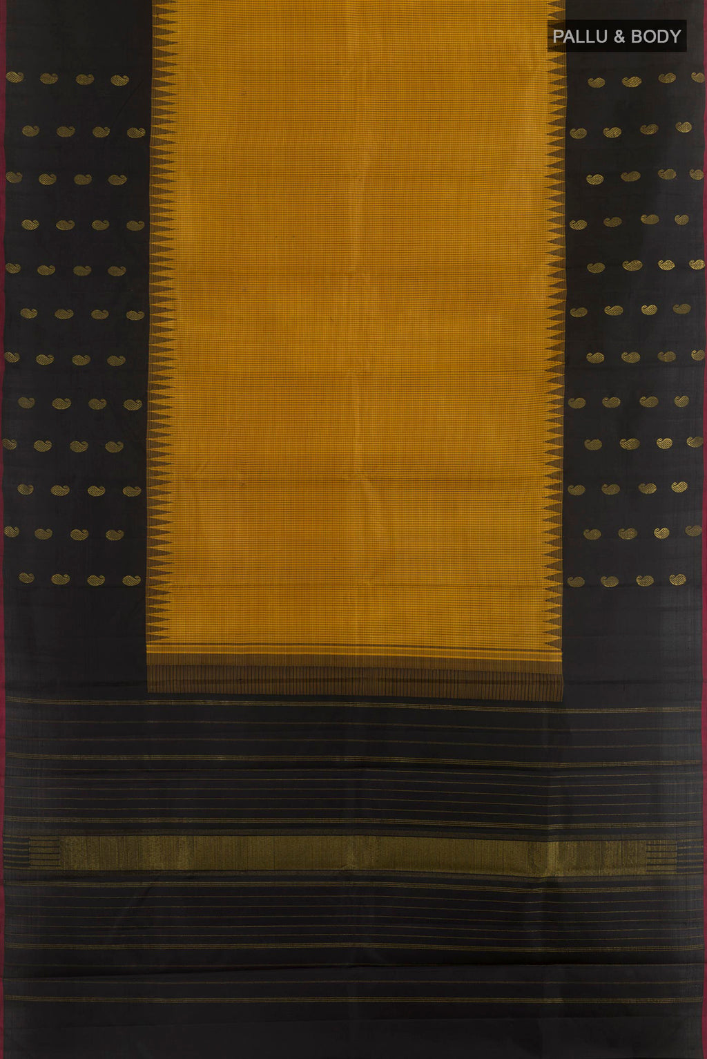 Flat view of Yellow Kanjivaram Silk Saree with Checked design on the body and Plain Border. 