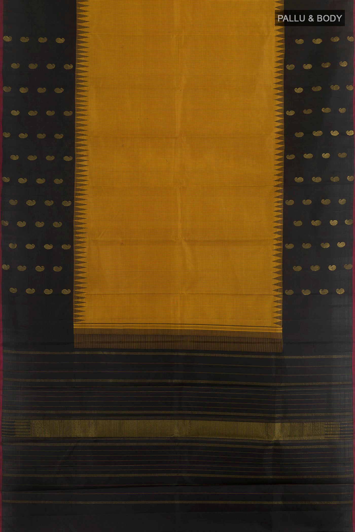 Flat view of Yellow Kanjivaram Silk Saree with Checked design on the body and Plain Border. 