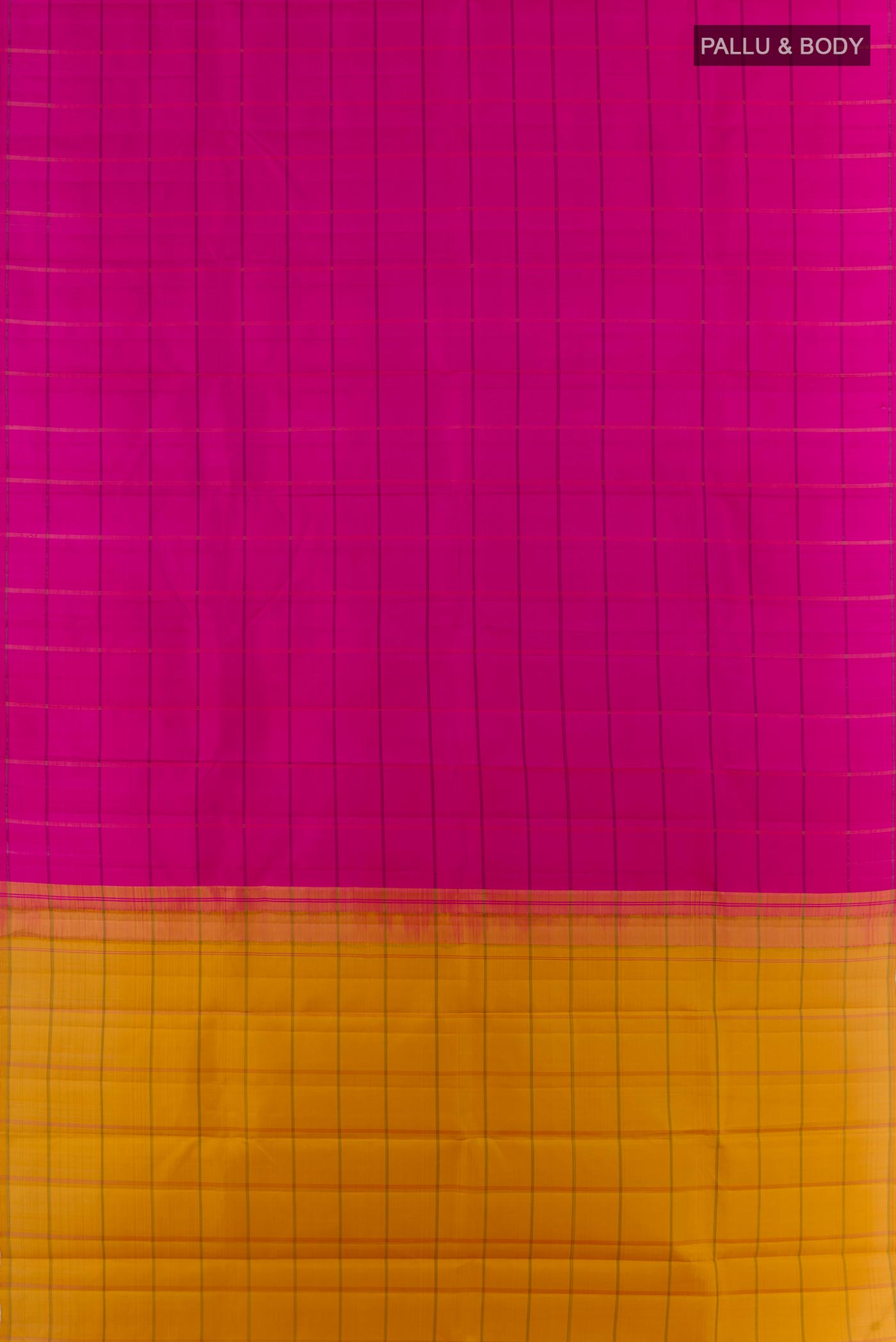 Flat view of Rani Pink Kanjivaram Silk Saree with Checked design on the body and Without Border. 