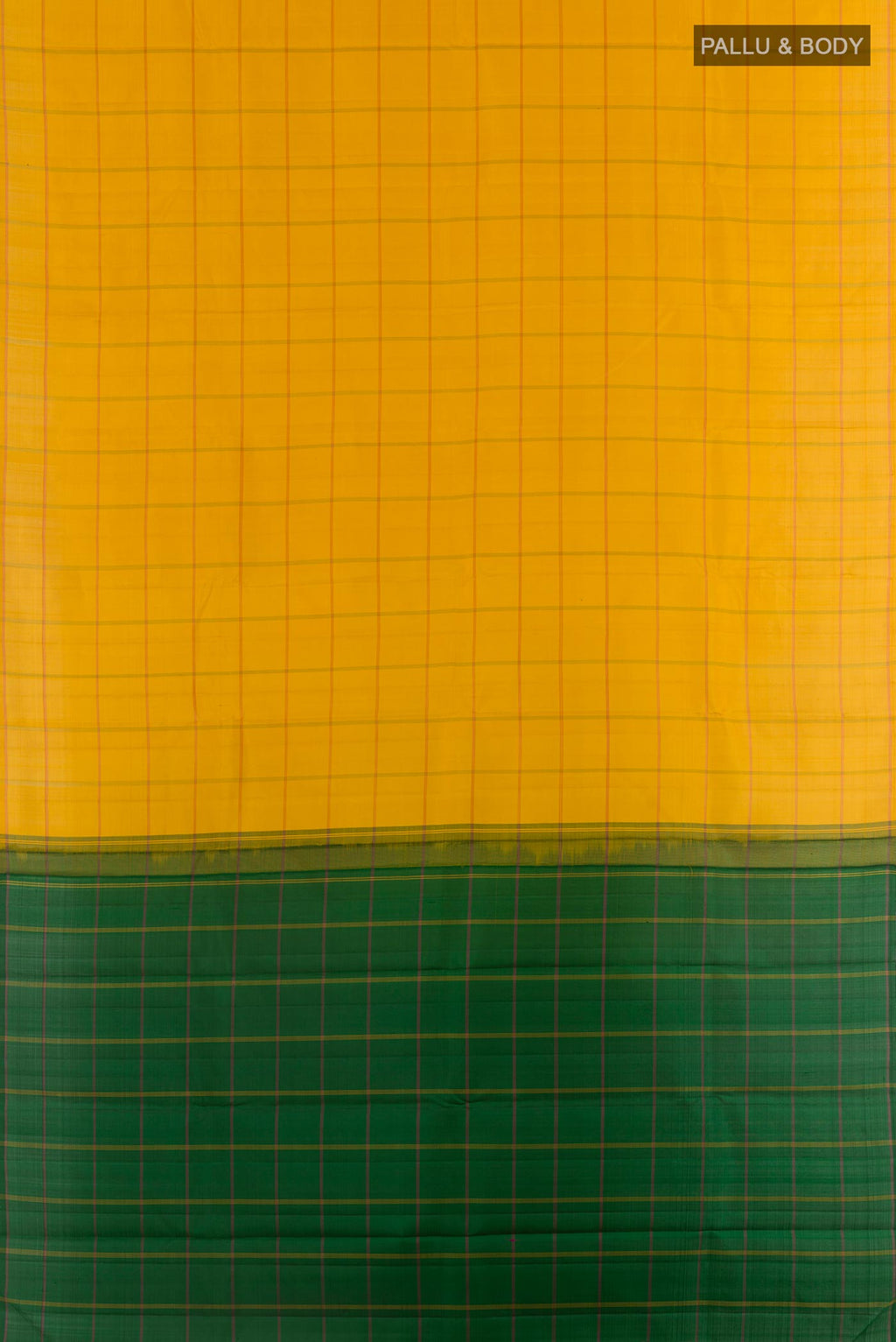 Flat view of Yellow Kanjivaram Silk Saree with Checked design on the body and Without Border. 