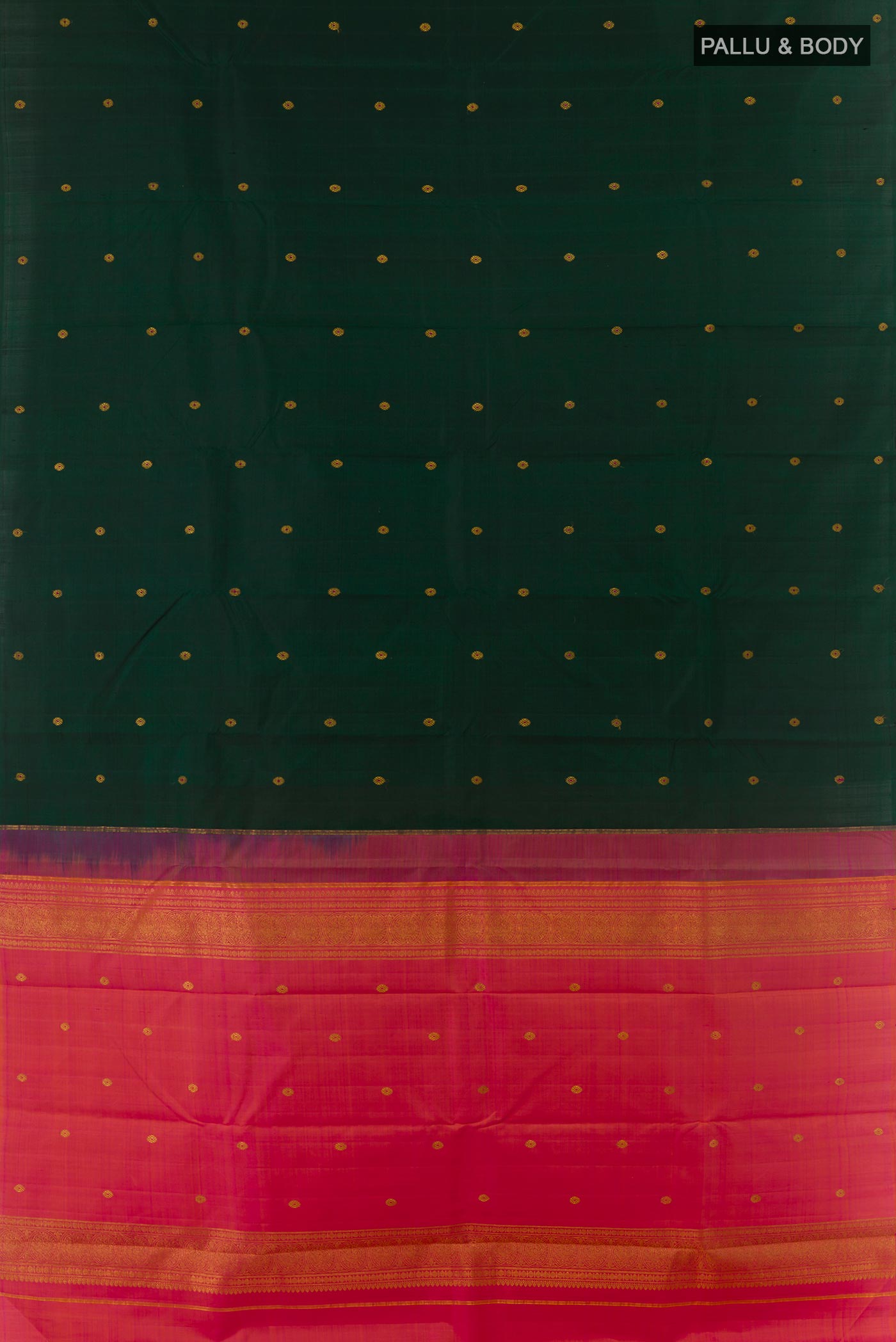 Flat view of Bottle Green Kanchipuram Silk Saree with Zari Butta on the body and Without Border. 