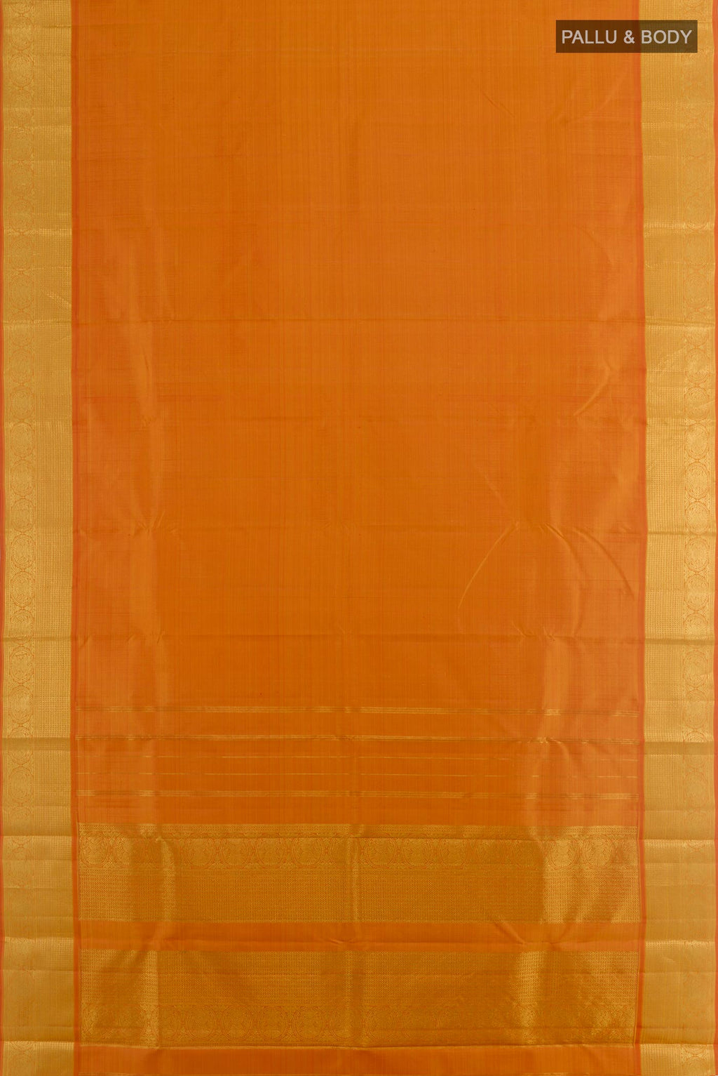 Flat view of Mustard Kanchipuram Silk Saree with Plain Body and Zari Border. 