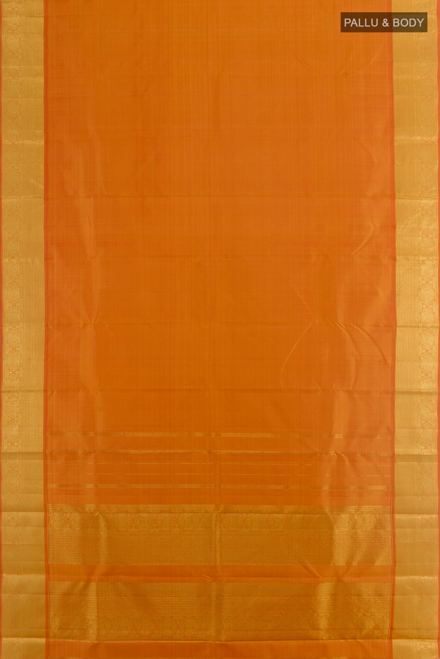 Flat view of Mustard Kanchipuram Silk Saree with Plain Body and Zari Border. 
