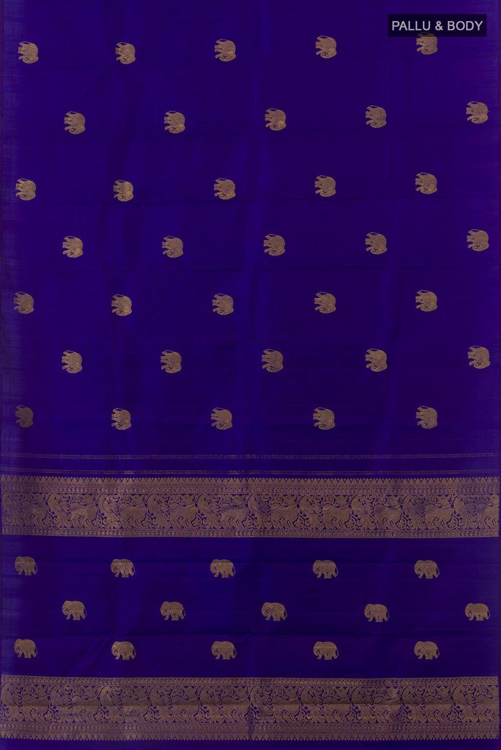 Flat view of Blue Kanchipuram Silk Saree with Zari Butta on the body and Zari Border. 