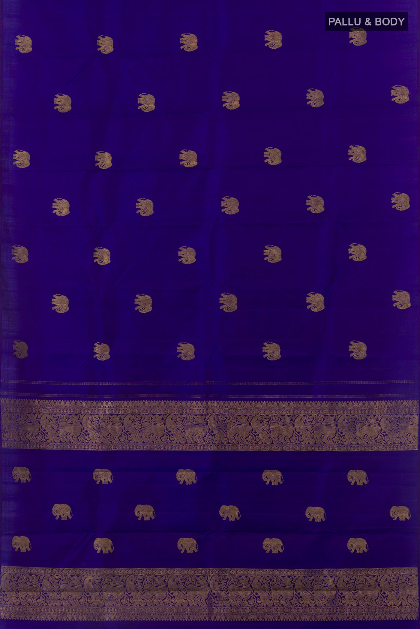 Flat view of Blue Kanchipuram Silk Saree with Zari Butta on the body and Zari Border. 