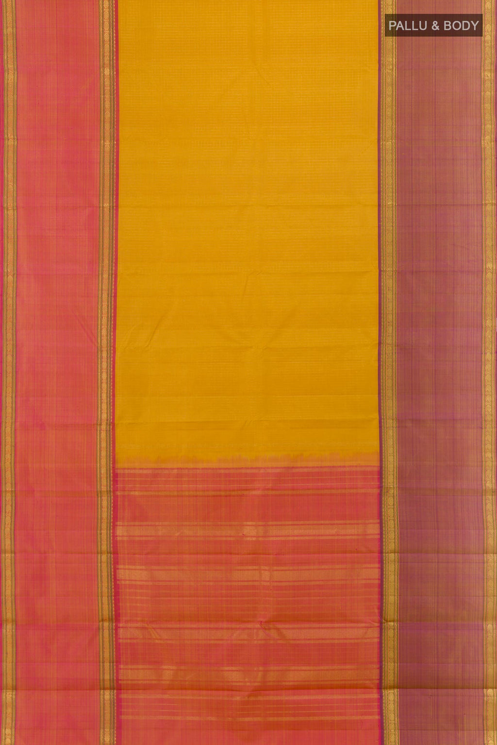 Flat view of Yellow Kanjivaram Silk Saree with Checked design on the body and Zari Border. 