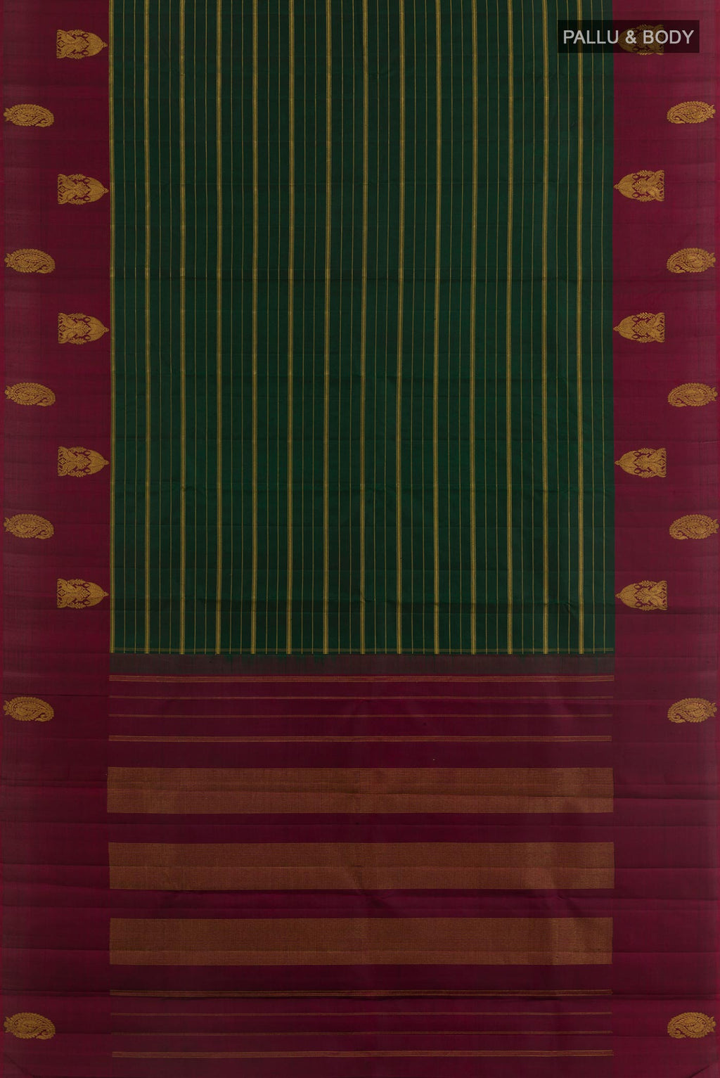 Flat view of Bottle Green Kanjivaram Silk Saree with Stripes on the body and Zari Border. 