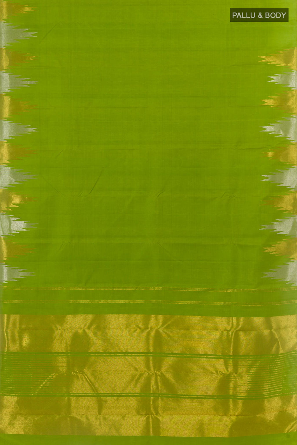 Flat view of Green Kanjivaram Silk Saree with Plain Body and Temple Border. 
