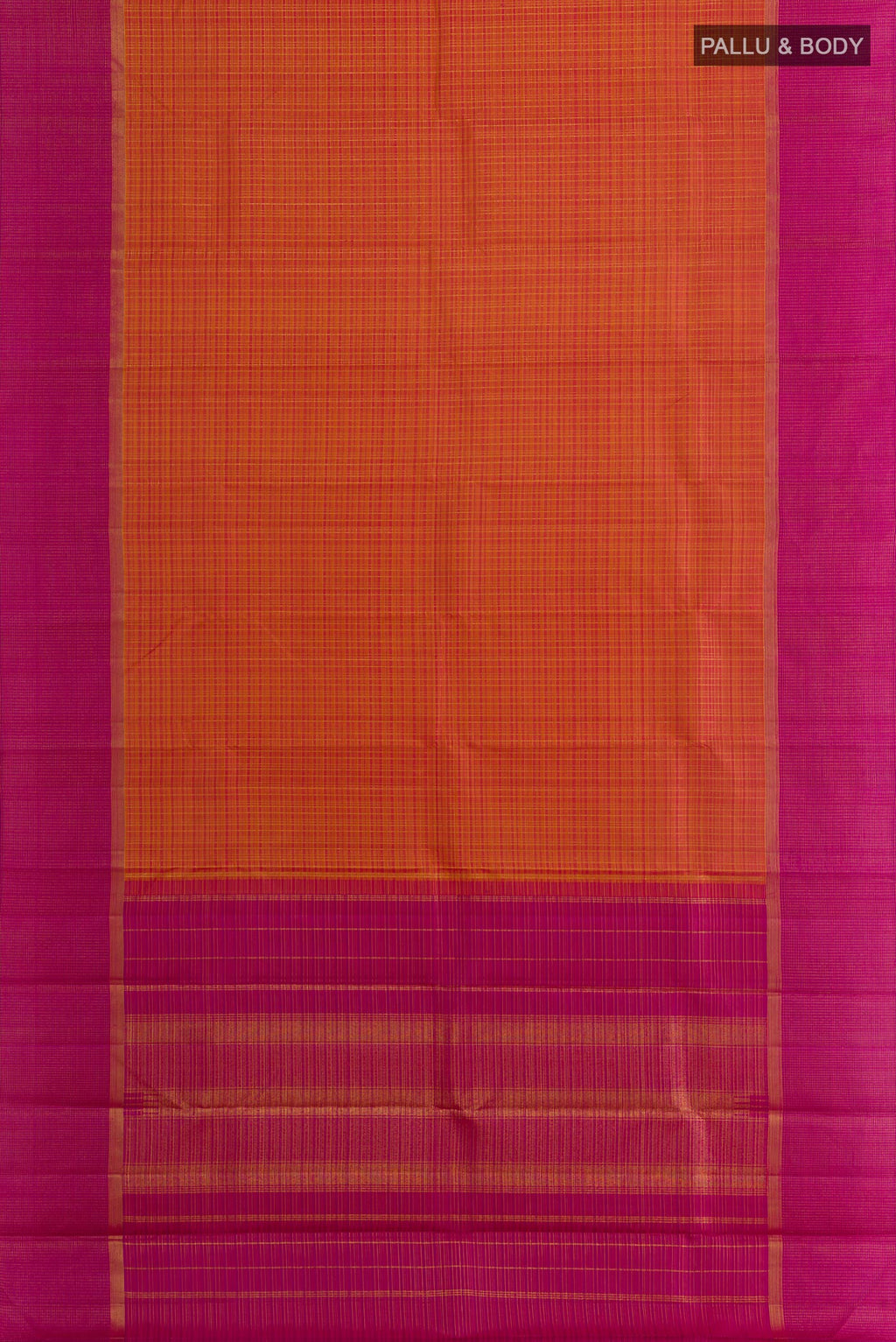 Flat view of Brick Orange Kanjivaram Silk Saree with Checked design on the body and Zari Border. 