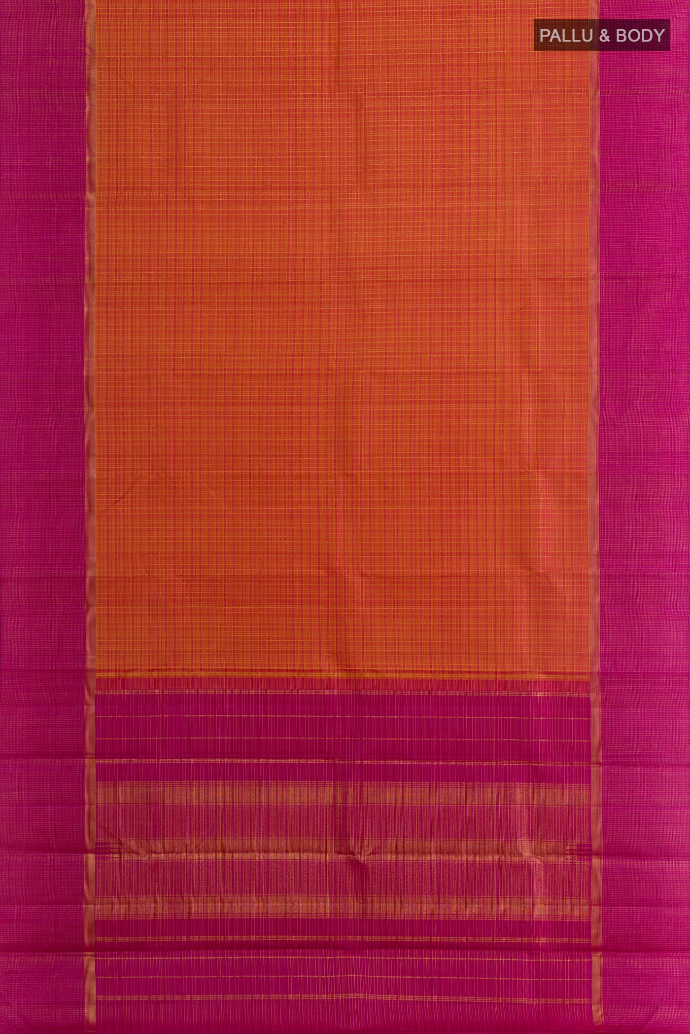 Flat view of Brick Orange Kanjivaram Silk Saree with Checked design on the body and Zari Border. 